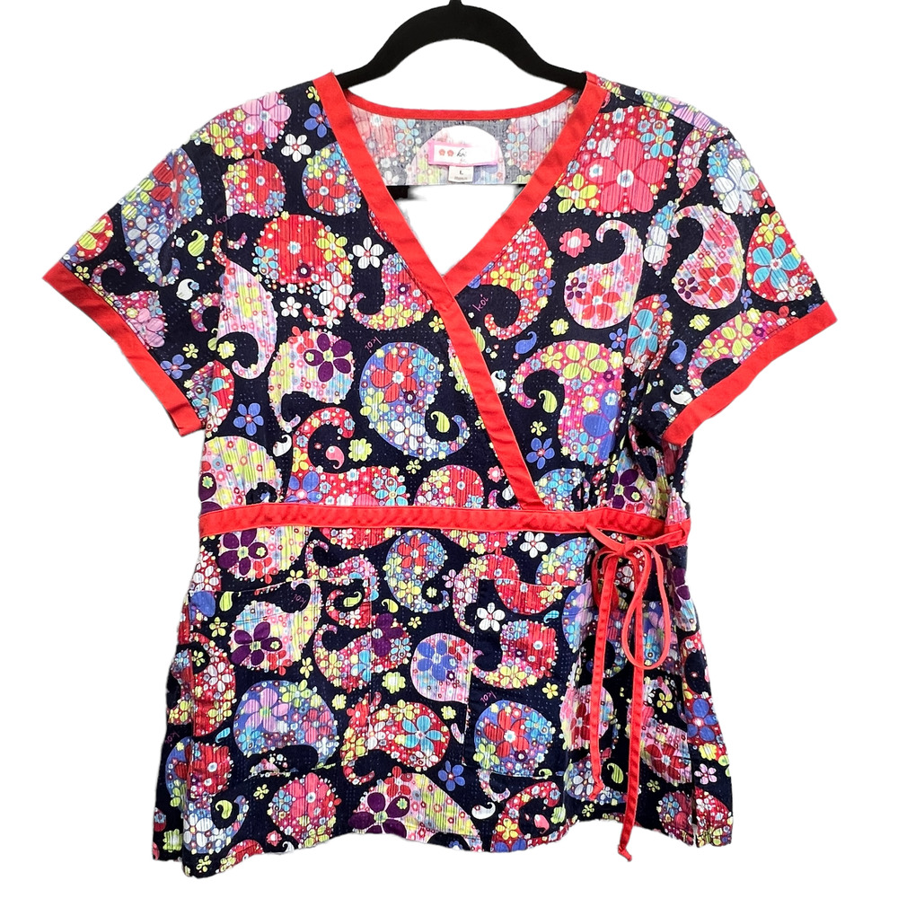 KOI  Kathy Peterson Womens Scrub Top Short Sleeve Drawstring Waist Uniform, LG